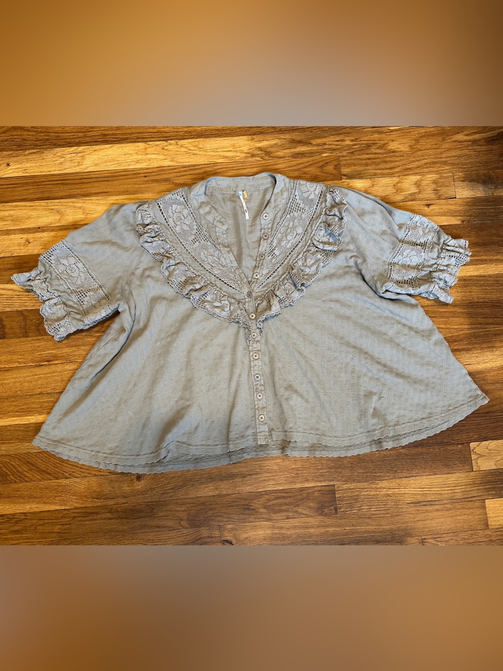 Free People Woven Lace-Trim Puff Sleeve Blouse — Light Gray/sage M